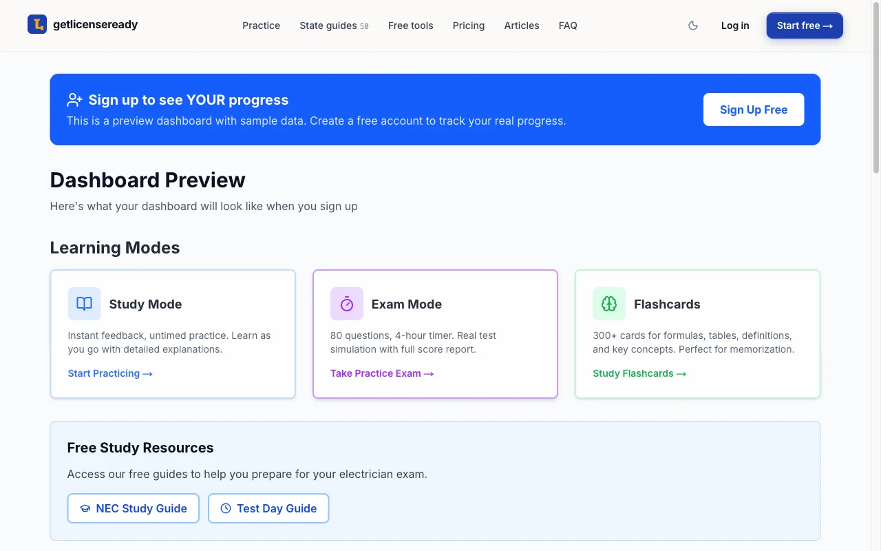 Dashboard showing Study Mode, Exam Mode, and Flashcards