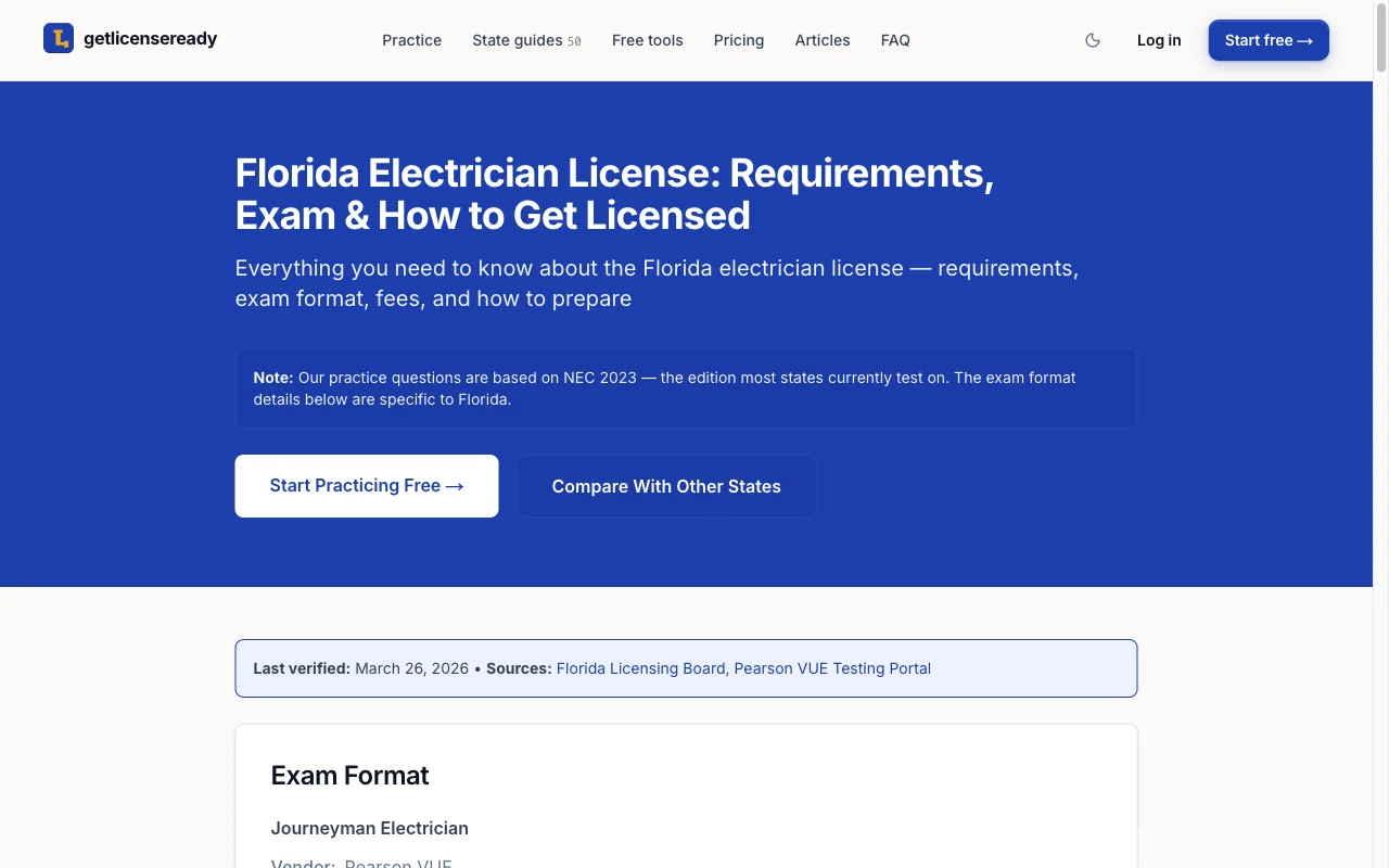 State-specific exam guidance page for Florida