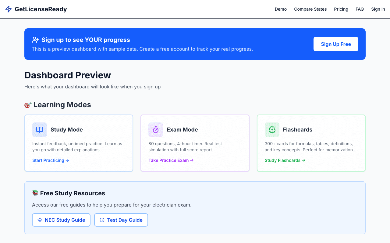 Dashboard showing Study Mode, Exam Mode, and Flashcards