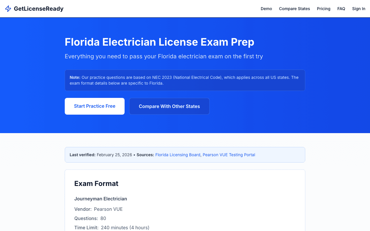 State-specific exam guidance page for Florida